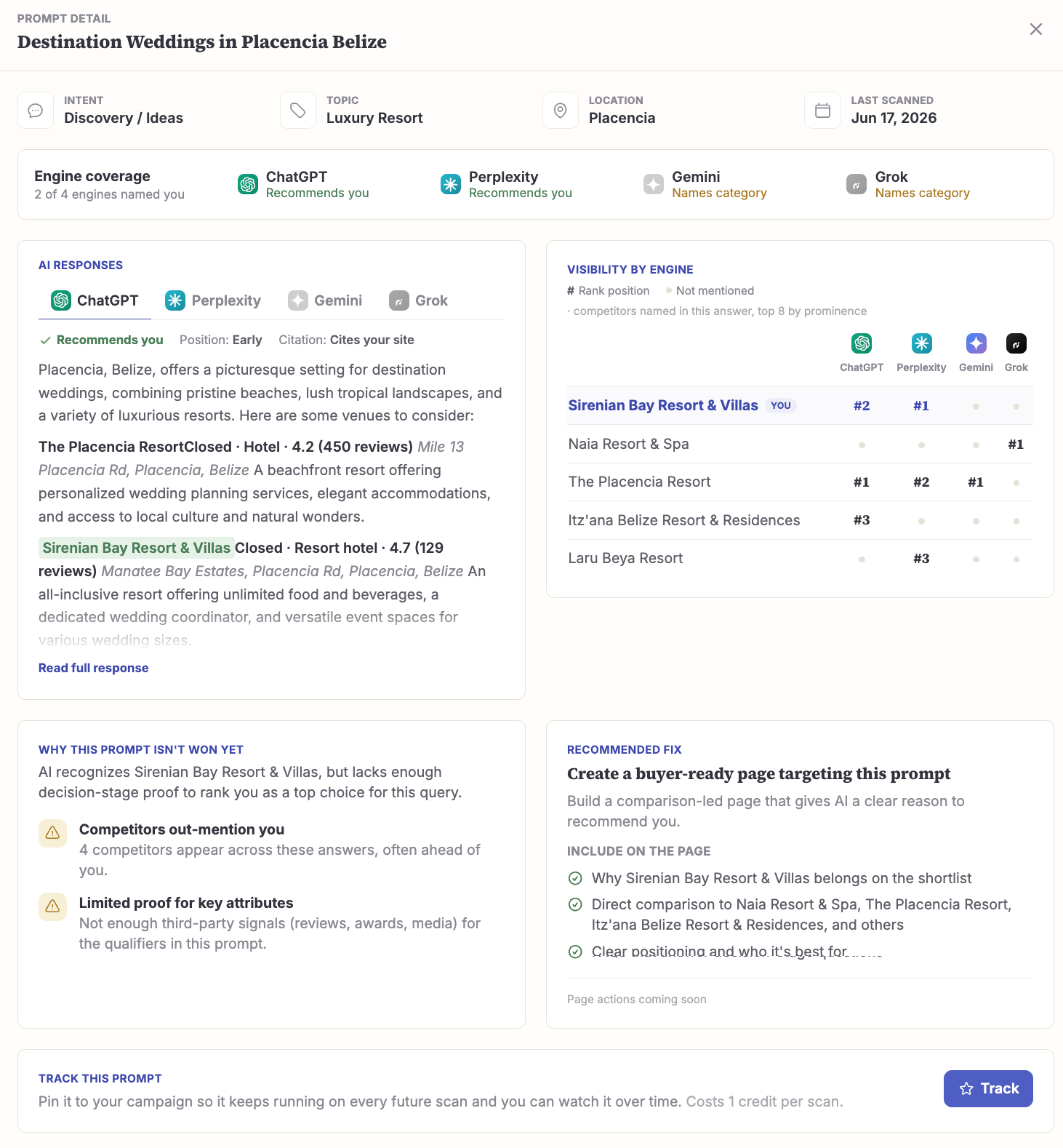 Prompt detail view — engine coverage, AI responses, visibility by engine, and recommended fix