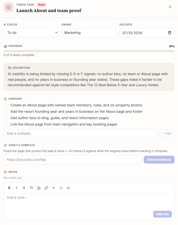 Task detail — status, subtasks, verify and complete with evidence submission, and team notes