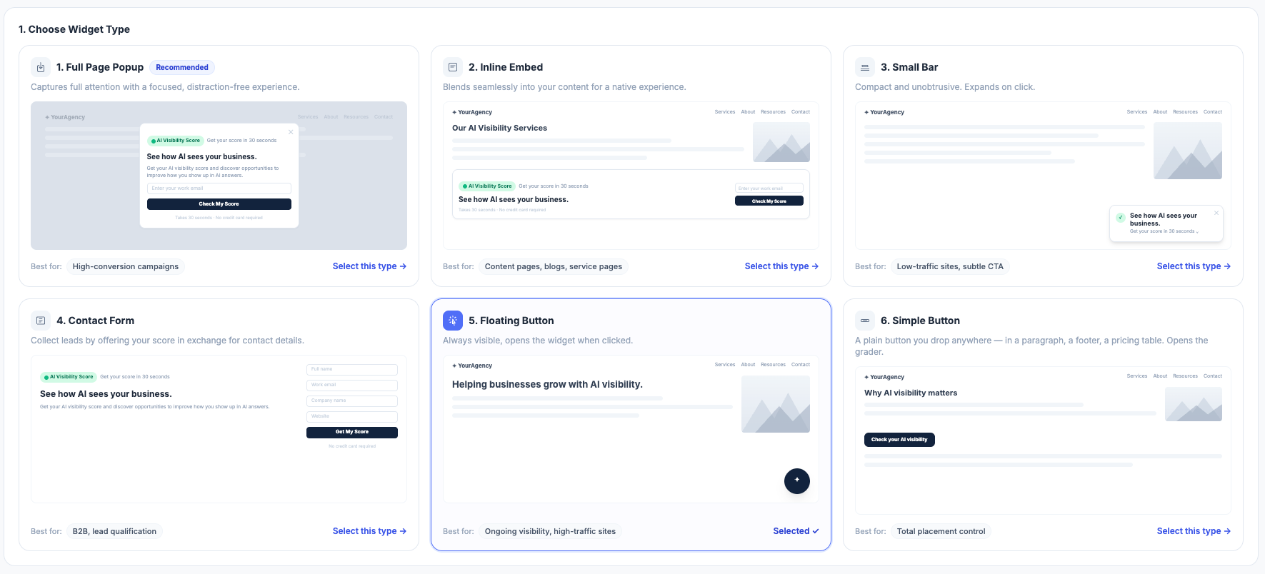 Six embeddable widget types — full page popup, inline embed, small bar, contact form, floating button, simple button