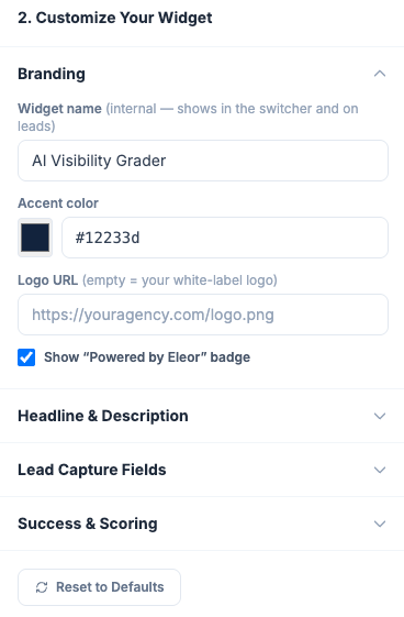 Widget customization — branding, accent color, your logo, headline, and lead capture fields