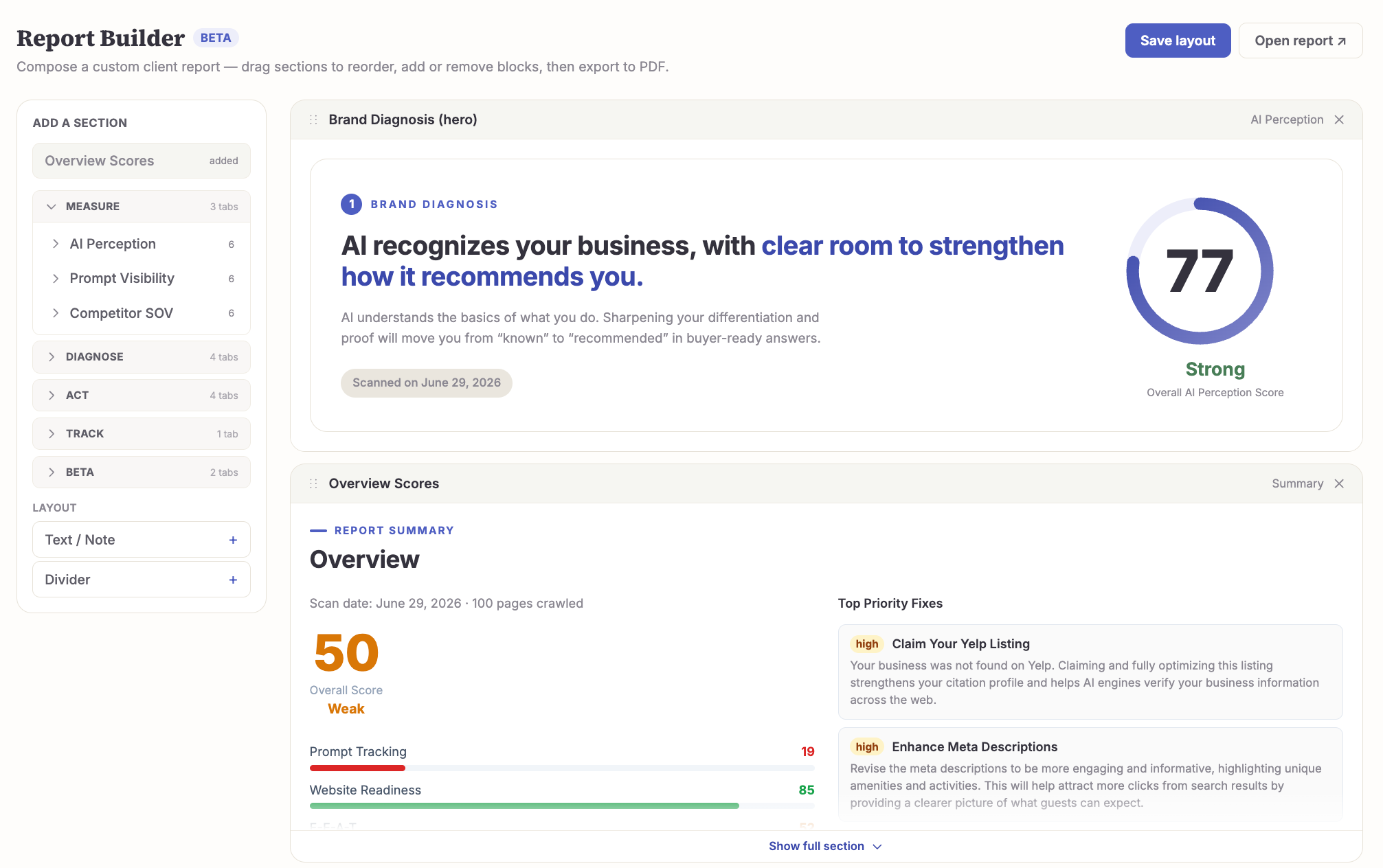 Report Builder — compose a custom client report, drag sections, and export to PDF